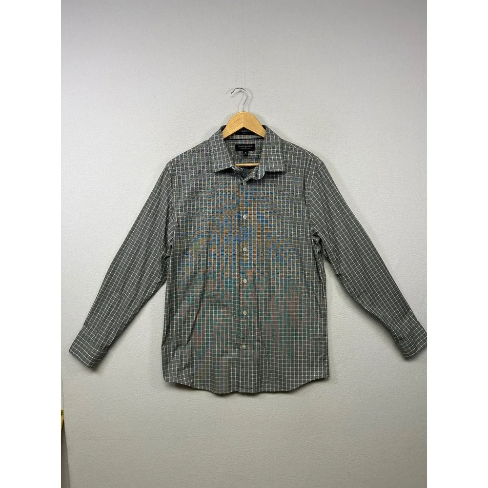 Banana Republic Modern Graphic Slim Fit Mens M Grey Grid Wrinkle Resistant Shirt